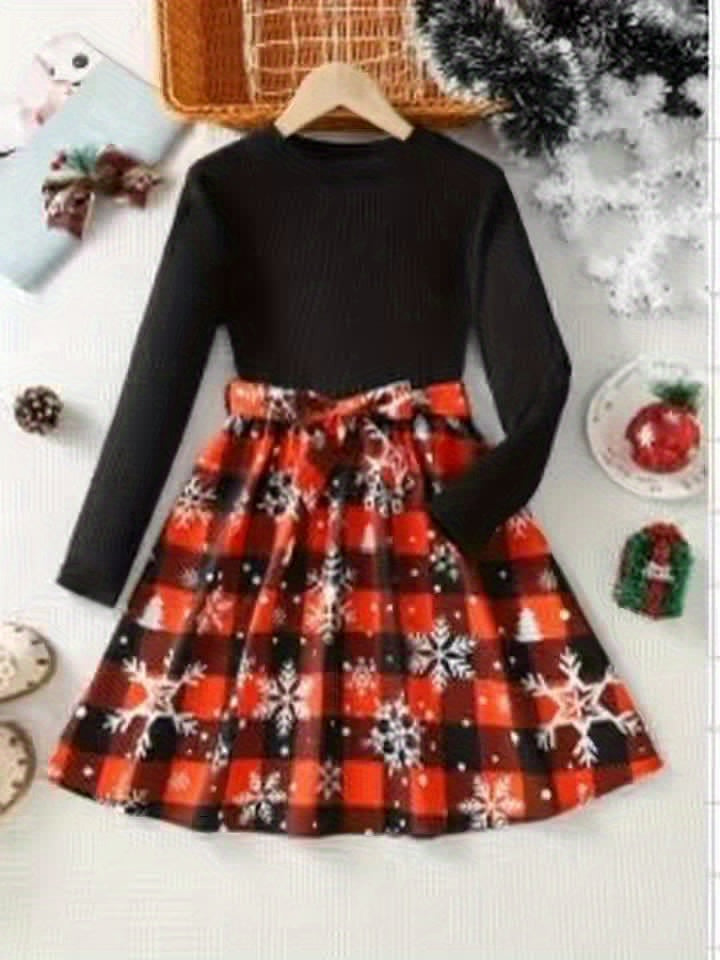 Girls' Festive Christmas Plaid Red Dress with Snowflake Print - Casual A-Line Skirt with Belt, Black & Red Check Pattern, Long Sleeves, Perfect for Fall/Winter Celebrations, Casual Winter Wear | Belted Waist Dress | Comfortab