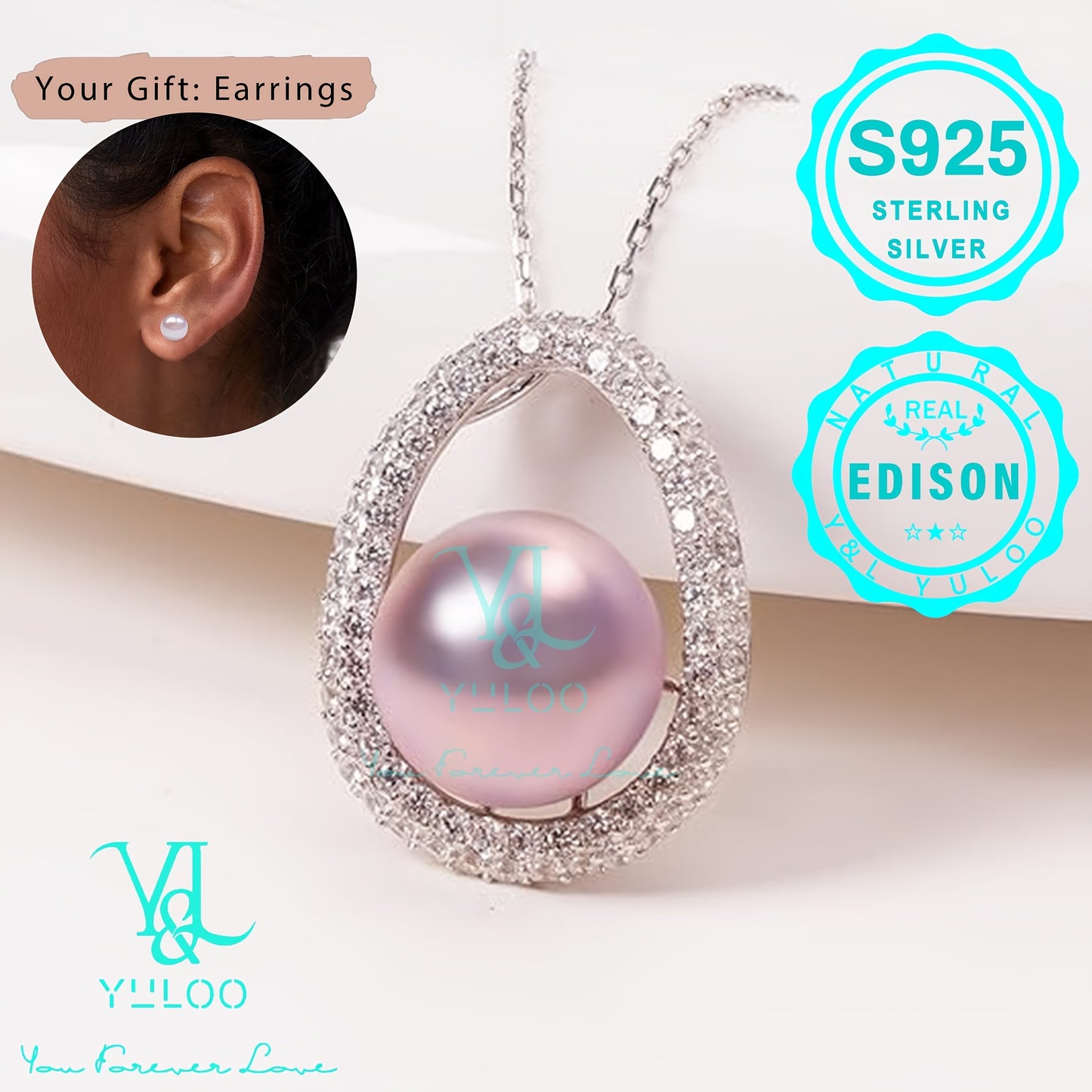 Natural Freshwater Edison Pink and Purple Pearl Pendant, 12-13mm, 5A Grade Synthetic Zirconia, S925 Silver, 1.8g, Free Pair of Pearl Earrings, Women'S Fashion Pendant Necklace