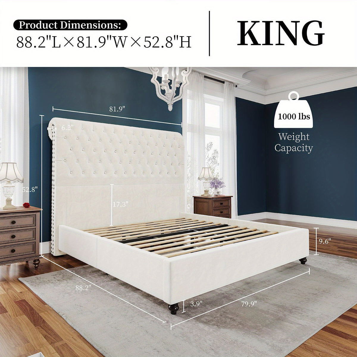 PAPABABE Upholstered Platform Bed Frame with 52.8" Sleigh Headboard - Button Tufted Design, No Box Spring Required, Easy Assembly, Durable Hardwood & Polyester, Classic Style for Modern Bedrooms, Bedroom Furniture, Elegant Be