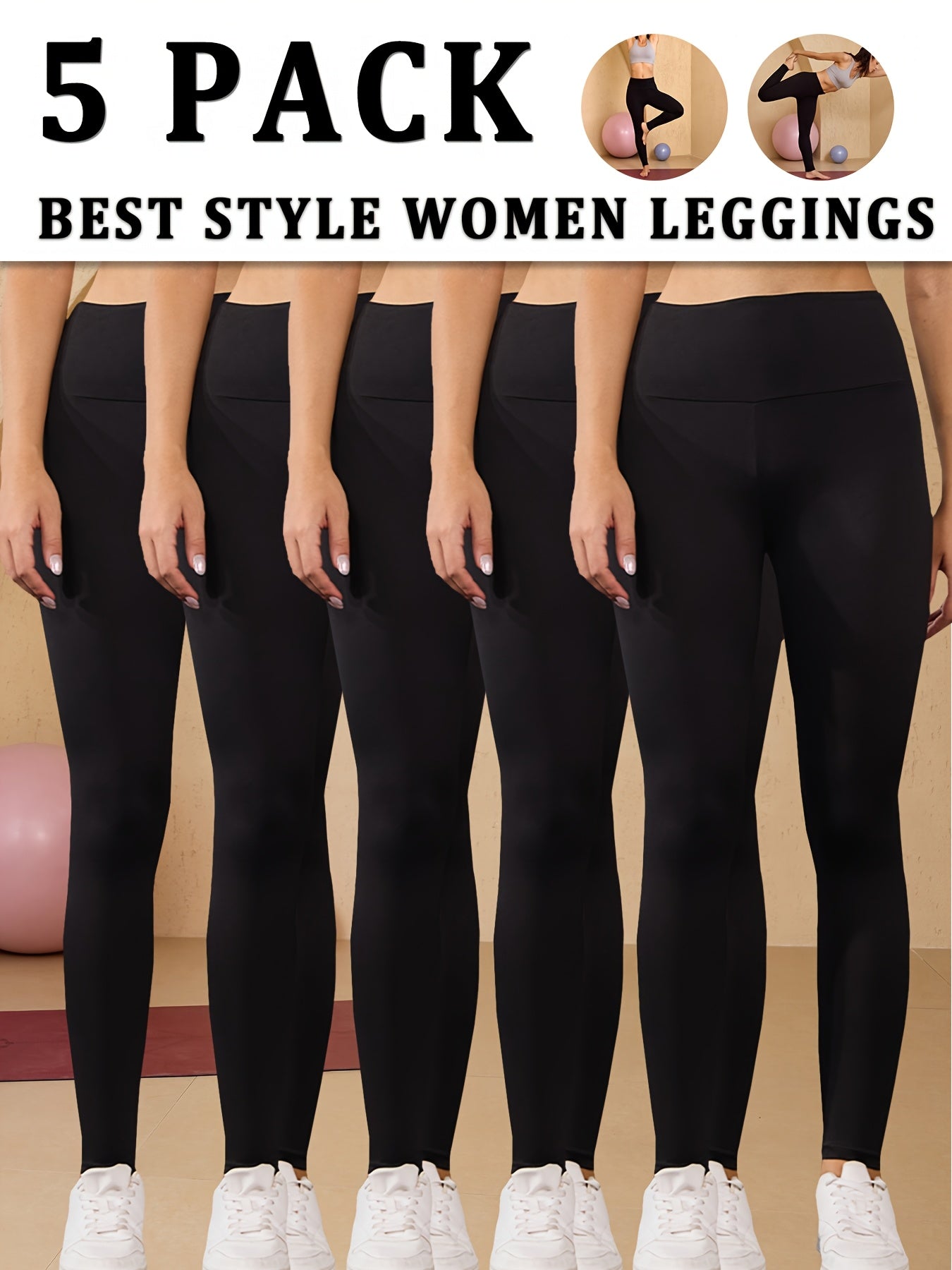 5 Pack Women's High Waisted Tummy Control Yoga Leggings - Full Coverage Solid Color Workout Pants, No See-Through, Opaque All-Season Gym Running Pants with Soft Stretch Fabric (5pcs Bulk Pack)