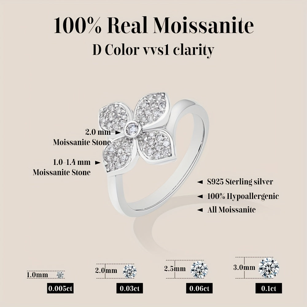 1pc S925 Silver Four - Leaf Flower Ring, Made Of Moissanite, It'S Sparkling, Delicate And Elegant, A Piece Of Jewelry, Perfect As A Gift For Your Girlfriend Or Wife