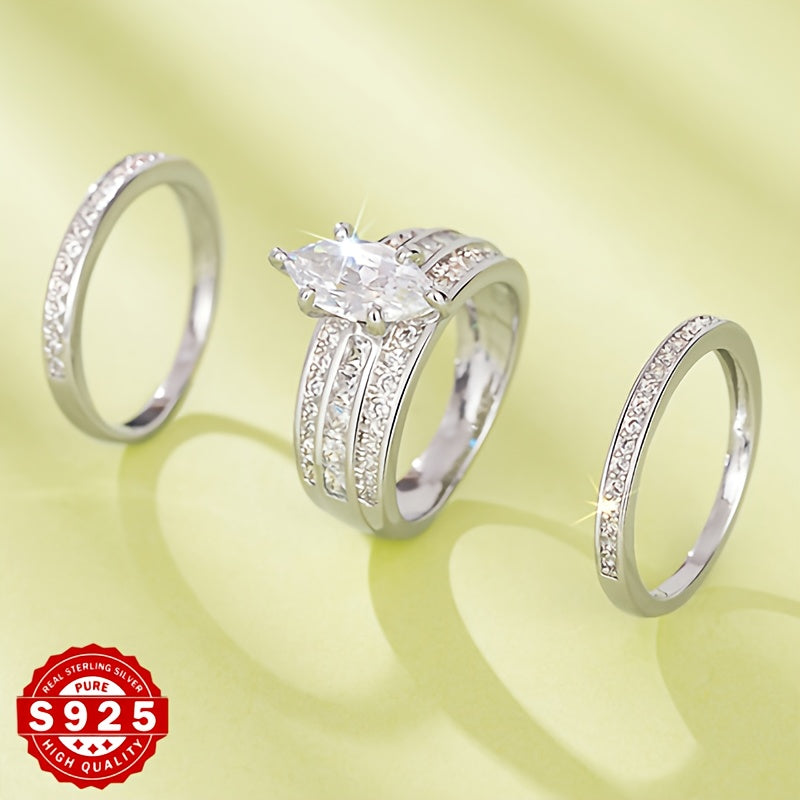 [Luxury Marquise Ring Set] Luxury S925 Silver Marquise Art Design Three-Piece Set Of Rings | Fashion Creative Engagement Wedding, Dating Party, Birthday, Valentine's Day, Holiday Gifts - Exquisite Elegant Light Luxury Daily W