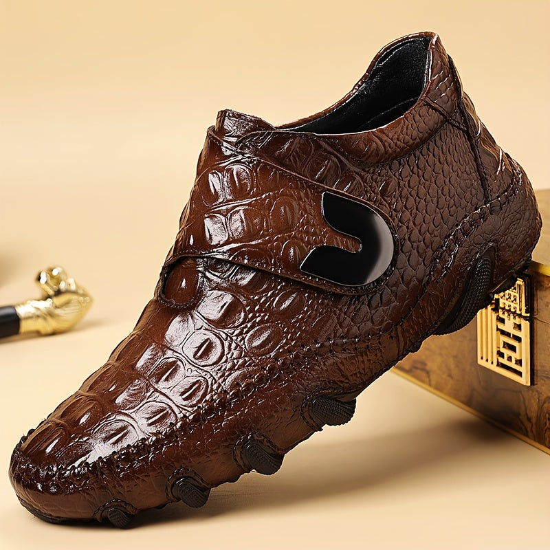 Men's Top-Grain Ankle Boots with Non-Slip Rubber Sole & Hook-and-Loop Closure - Glossy Black Crocodile-like Texture, Round Toe - PU Cushioned - Urban Streetwear, Outdoor Boots (2 Colors: Black/Brown) - Heavy-Duty Casual