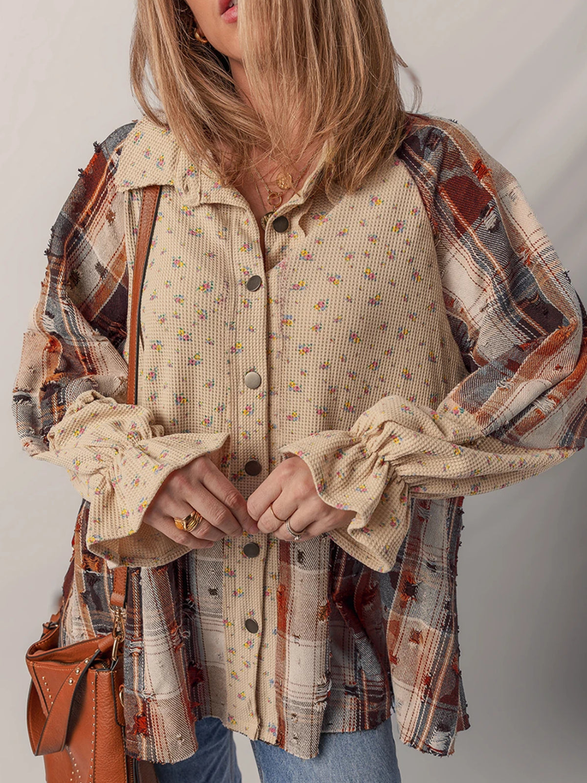 Women'S Boho Chic Blazer - Button-front shacket with Ruffled sleeves, Non-Stretch Waffle Texture Jacket in Earthy Tones (Brown/Beige/Orange/Red/Black/White/Gray/Blue/Teal/), All-Season Casual to Formal Outerwear for Everyday