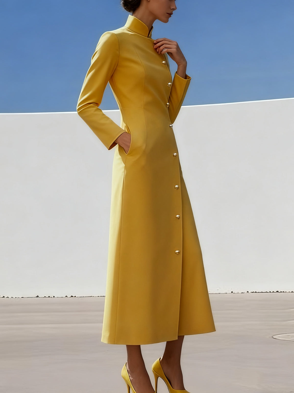 Women'S Elegant Long Sleeve Maxi Dress with Stand Collar & Button Front Closure - Loose Fit Solid Color Maxi Dress with Pockets, Structured Waist, Long Sleeves & Split Hem for Fall/Winter, Formal & Semi-Formal Events - Durabl