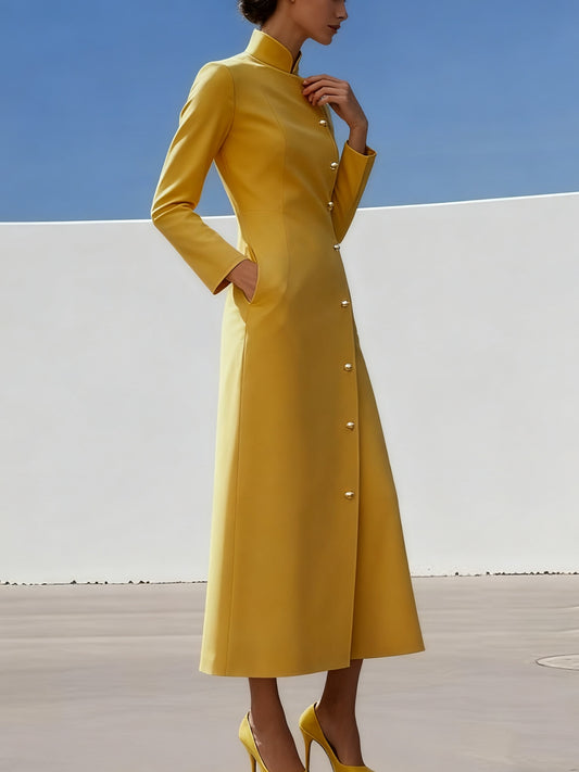 Women'S Elegant Long Sleeve Maxi Dress with Stand Collar & Button Front Closure - Loose Fit Solid Color Maxi Dress with Pockets, Structured Waist, Long Sleeves & Split Hem for Fall/Winter, Formal & Semi-Formal Events - Durabl