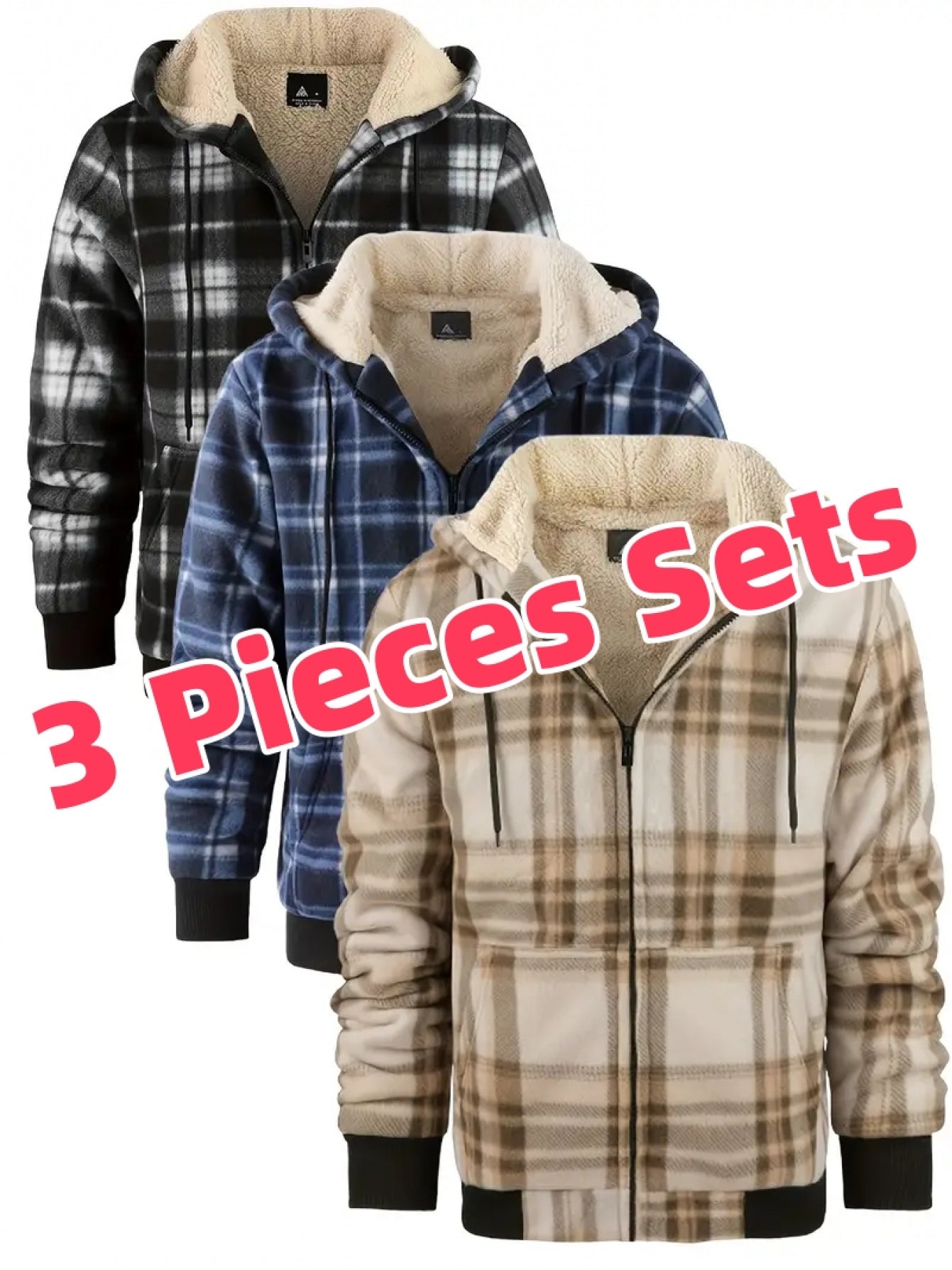 3pcs Sets Flannel Plaid Shirt Jacket for Men Lined Zip Up Hoodies Shirts Jackets, Hoodie, Jacket for Men Plus Size, Hoodies for Women, Plus Size Hoodies for Men, Casual Wear, Seasonal Fashion, Plaid Design, Classic Hoodie, Du