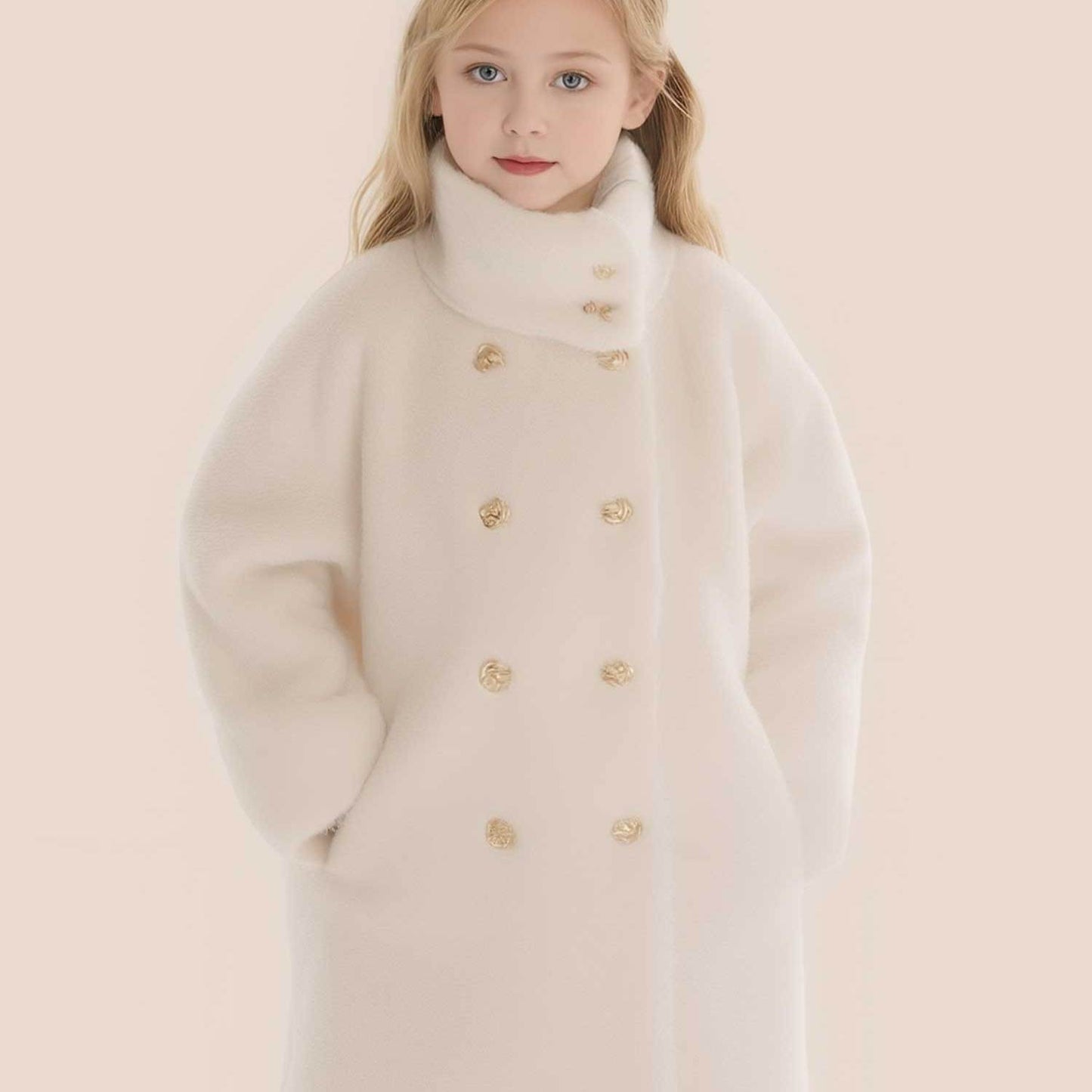 Girls' Fleece Coat, Winter Warm High Collar Jacket with Fleece Lining, Plush Padded Outerwear for Large & Tweed-Like & Party Outfits, Elegant Cold Weather Clothing, Machine Washable