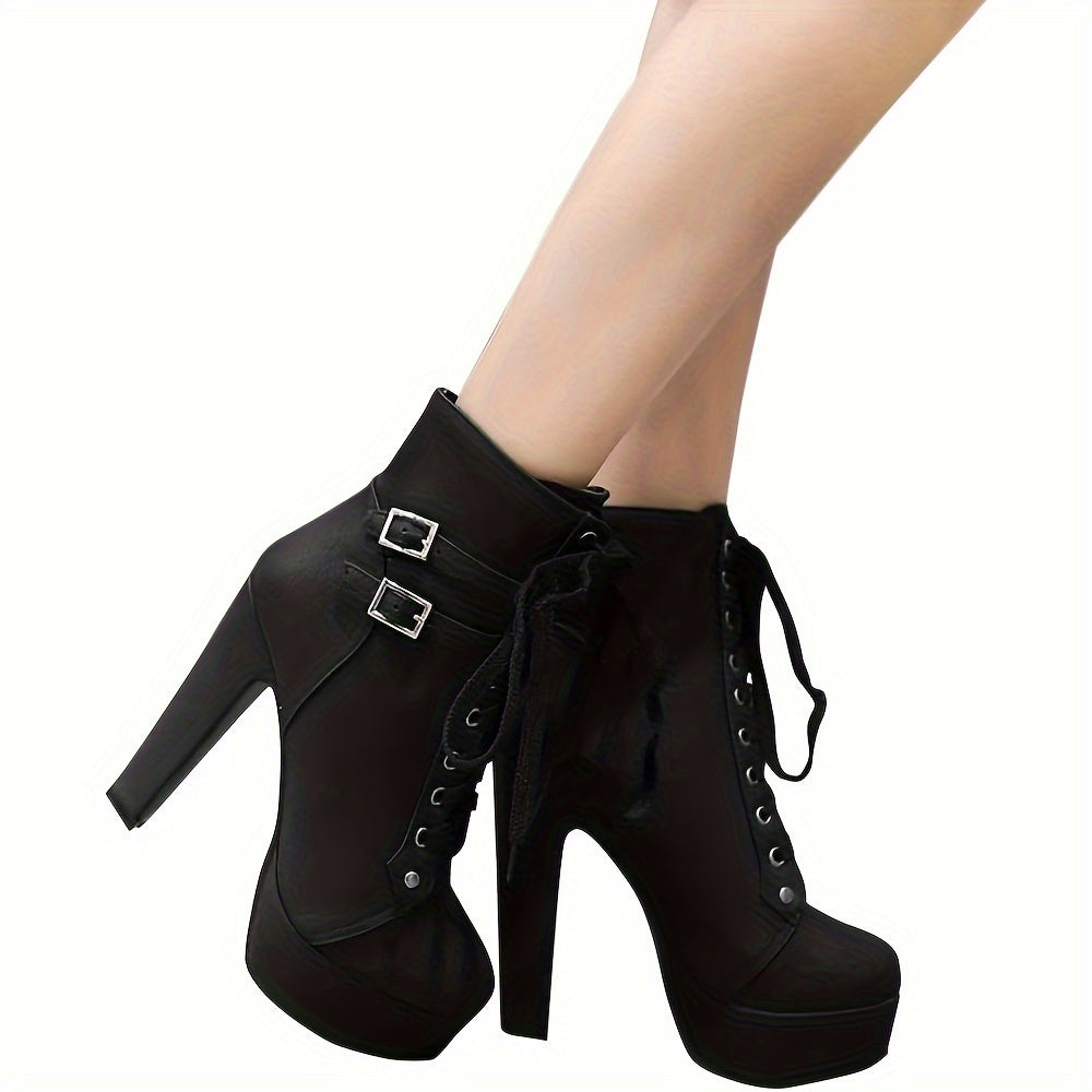 High Heel Boots For Women, Womens Platform Boot Heels Sexy Round Toe Lace UP High Heels Mid Calf Boots