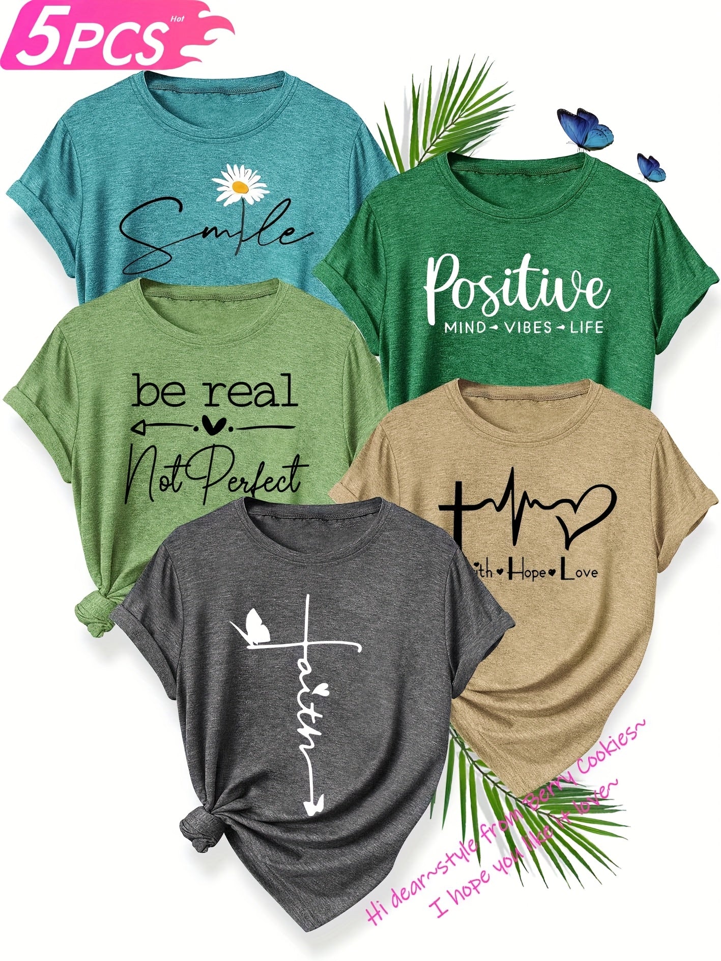 5pcs Women's T-Shirt Set, "Be Real" & "Smile" Inspirational Quotes, Heart & Flower Designs, Soft Polyester, Round Neck, Short Sleeve, Spring/Summer/Fall Casual Wear, Sizes S-XXL, Spring Summer Apparel, Playful Graphic Tees, M