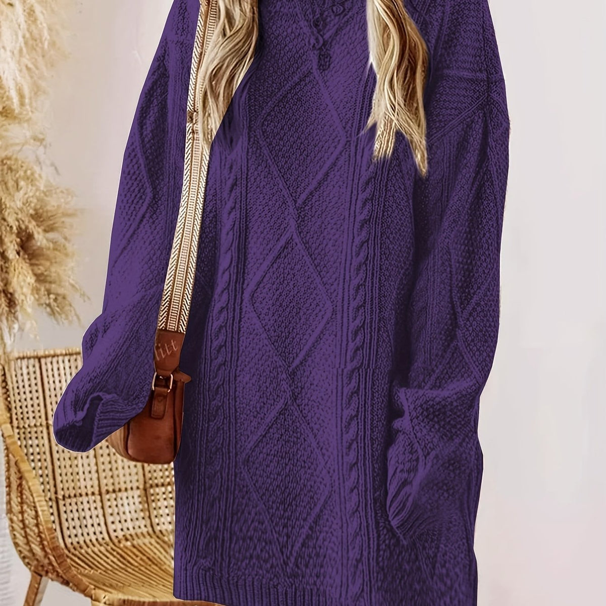 Plus Size, Beige Cable Sweater Dress - Oversized Slouchy Mid-Length Dress with Drop Shoulder, Cozy Winter Dress for Fall/Winter, Beige Cable Pattern Pullover, Elegant Casual to Dressy Wear