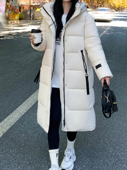 Women's Thickened Padded Winter Korean-Style Hooded Jacket - Mid-Length Cold-Proof Coat, Warm Outerwear for Daily Commute & Cold Weather, Machine Washable Solid Color (No transparency concerns)