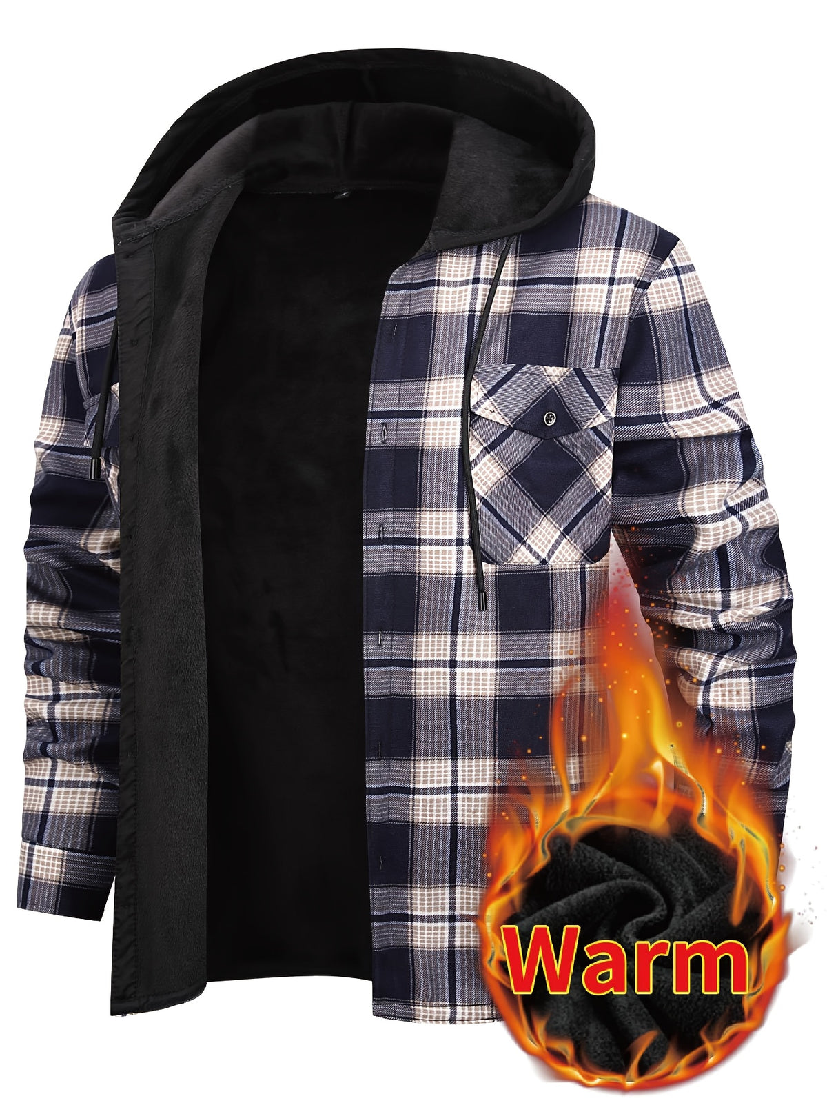 Men's Winter Plush-Themed Hooded Shirt Jacket - Thickened Button-Front Outdoor Coat with Pockets, Loose Fit Casual Blazer (Hand Washable, Fall/Winter) | European/Emerican Sizing for Cold Weather Layering