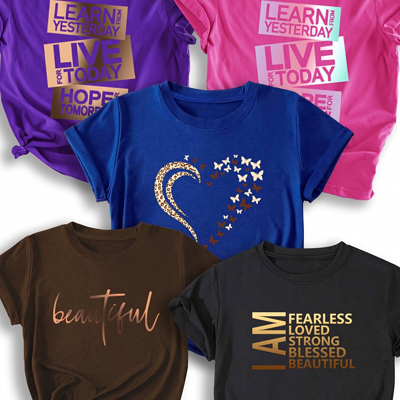 [Casual T-Shirts] 5pcs Women's Casual Crew Neck T-Shirts - Polyester, Short Sleeve | Inspirational Print Tee | Comfortable Fit Tee, All-Season, Round Neck