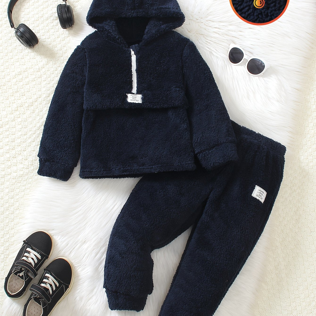 Boys' Plush Fabric Navy Blue Zip-Up Hoodie Set with Letter Print Patchwork, Long Sleeve and Pants for Autumn/Winter Warmth, Perfect for Outdoor, Suitable for Travel Outdoor Christmas, Thanksgiving Gift and Combo Set Random Pr