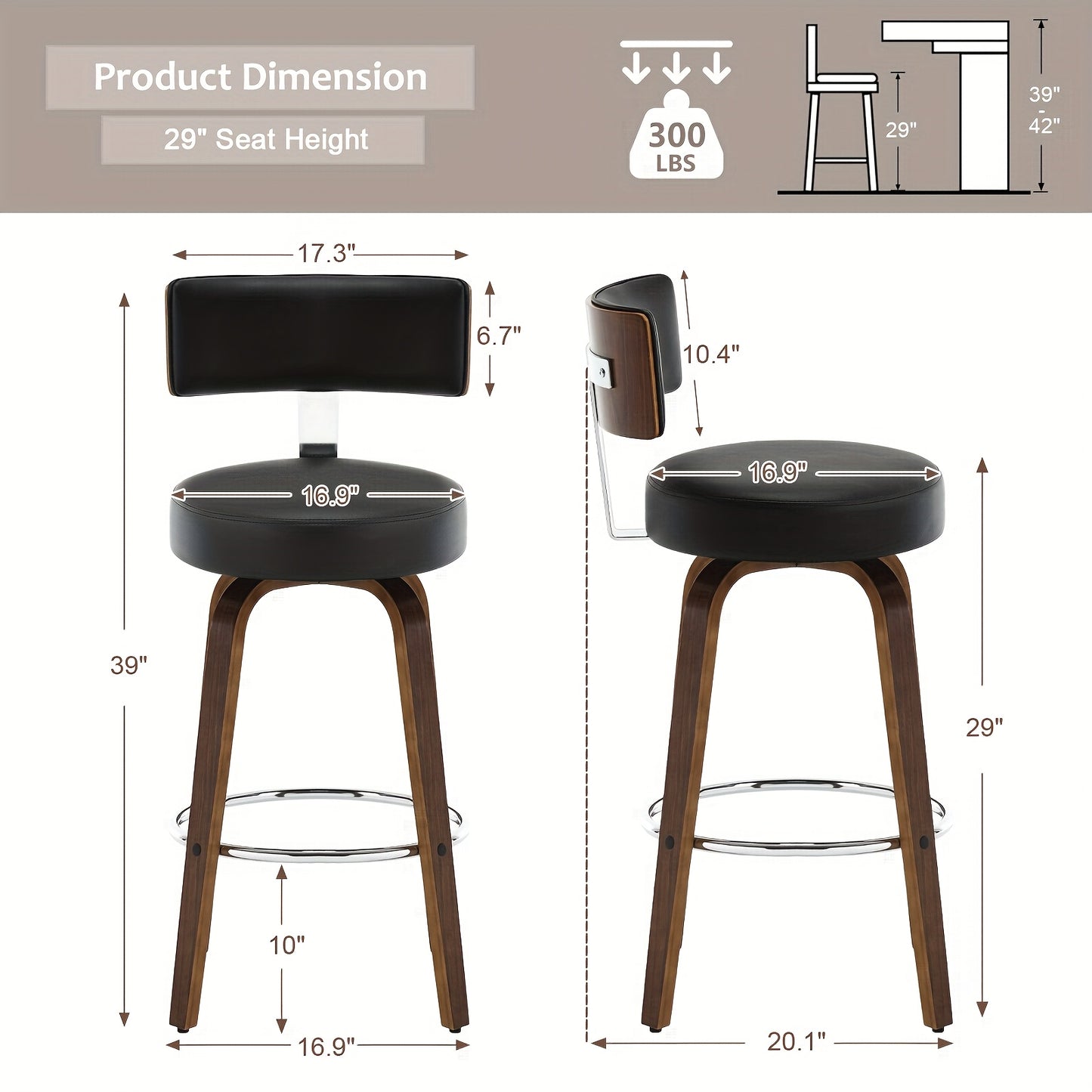 Bar Stools Set of 2, Faux Leather 360° Swivel Barstools with Back and Round Seat, Modern 26"/29" Bar Height Upholstered Bar Chairs Island Stools for Kitchen Counter, Walnut Bentwood Legs