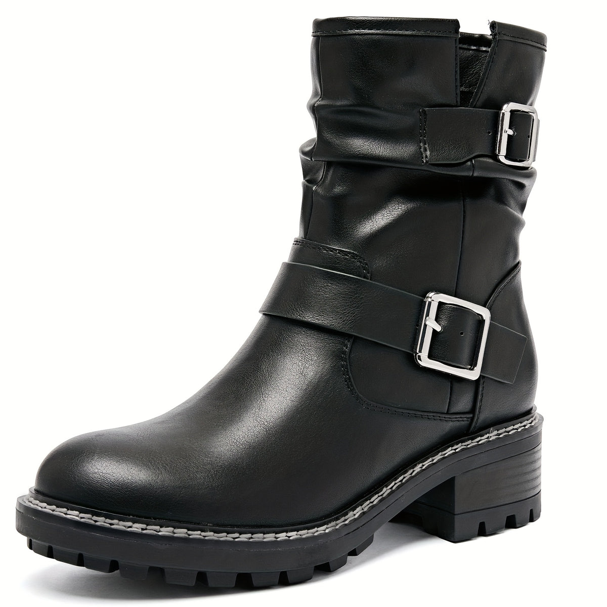 Women's Low Chunky Heel Riding Combat Boots - Round Toe Short Boots with  /Fiberliner & TPR Sole, Zipper Closure Casual All-Season Booties for Equestrian, Outdoor, Casual Attire (Solid Color)