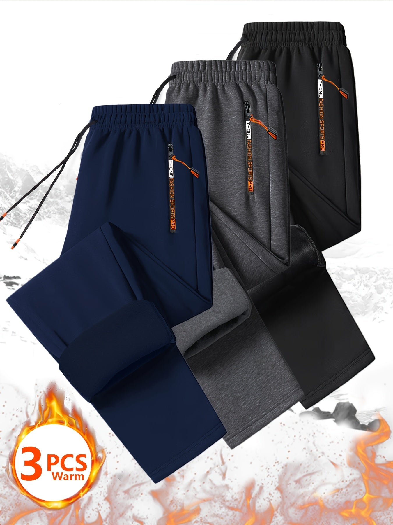 [Men's Fleece Sweatpants Set] Set of 3 Men's Cozy Fleece Sweatpants with Zippered Pockets - Drawstring Waist for Casual Wear, Track Activities, Workouts & Outdoor Running