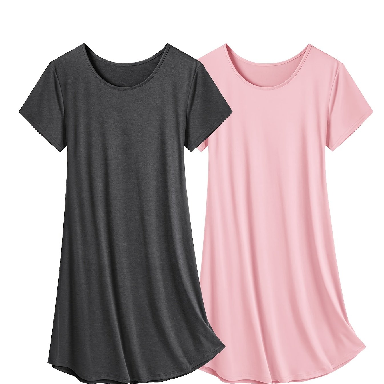 [Women's Sleep Dress 2-Pack] Two-Pack - Women's Soft and Comfortable Solid Color Casual Sleep Dress - Spring/Summer Nightgown with Simple Round Neck Loose Fit
