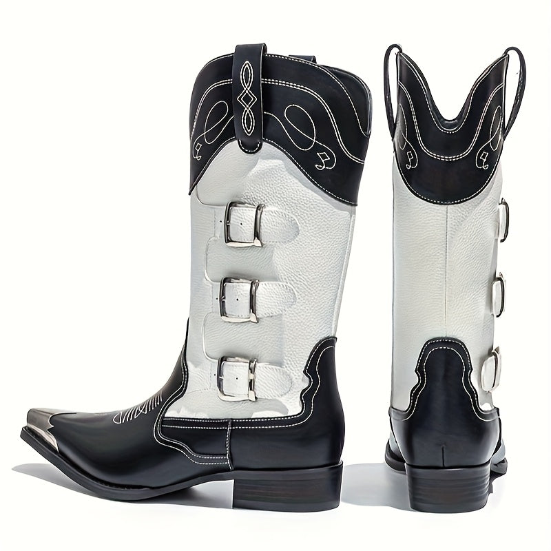 Men'S Western Cowboy Boots with Metallic Accents & Iron Toe - Slip-On Pointed Toe, Black & White Faux Cover, Rubber Sole for Weddings, Parties, Casual Streetwear - All-Season Versatile Outdoor Boots, Cowboy Boots, Wedding Foo