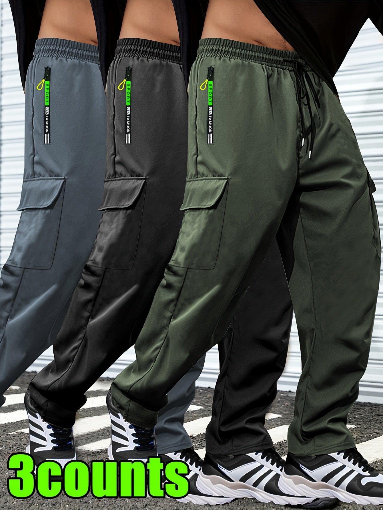 3-Pack of Men'S Thin Work Pants with Drawstring Elastic Waistband, Zipper Pockets, Large Patch Pockets, Comfortable And Breathable, Suitable for Outdoor Daily Leisure