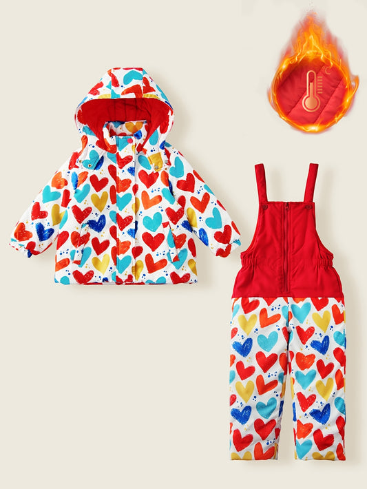 Girls' Cute Ski Suit Set - Winter Snow Jacket & Pants with Heart Print, Red Contrast Color Block, Hooded Jacket & Zipper Closure, Machine Washable Warm Outfit for Baby Girls & (Pink/White/) - Skiing & Snow