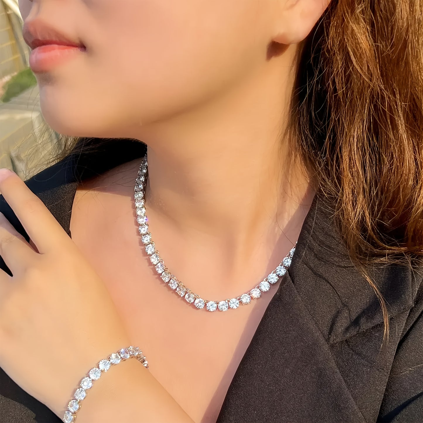 2pcs Moissanite Tennis Necklace Bracelet Set S925 Silvery with 32.9 Carats Moissanite 4 5Mm Wide, Suitable for All Occasions, Affordable And Noble Features Buy a Necklace And Get a Free Bracelet