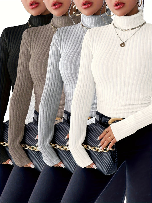 4pcs Set, A Stylish And Comfortable High-Neck Ribbed T-Shirt for Women, Form-Fitting And Flattering, Available in Solid Colors, Suitable for Wearing Alone Or As a Base Layer, Perfect for Everyday Commuti in Autumn And Winter