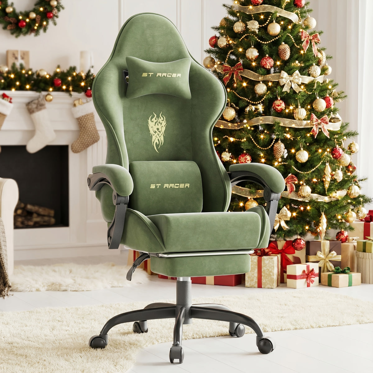 Ergonomic Velvet Fabric Gaming Chair | High Back with Massage & Footrest, Reclining, Racing Style with Headrest, Metal Frame, Wing Back, Rotating, Manual Recliner, Soontrans Brand