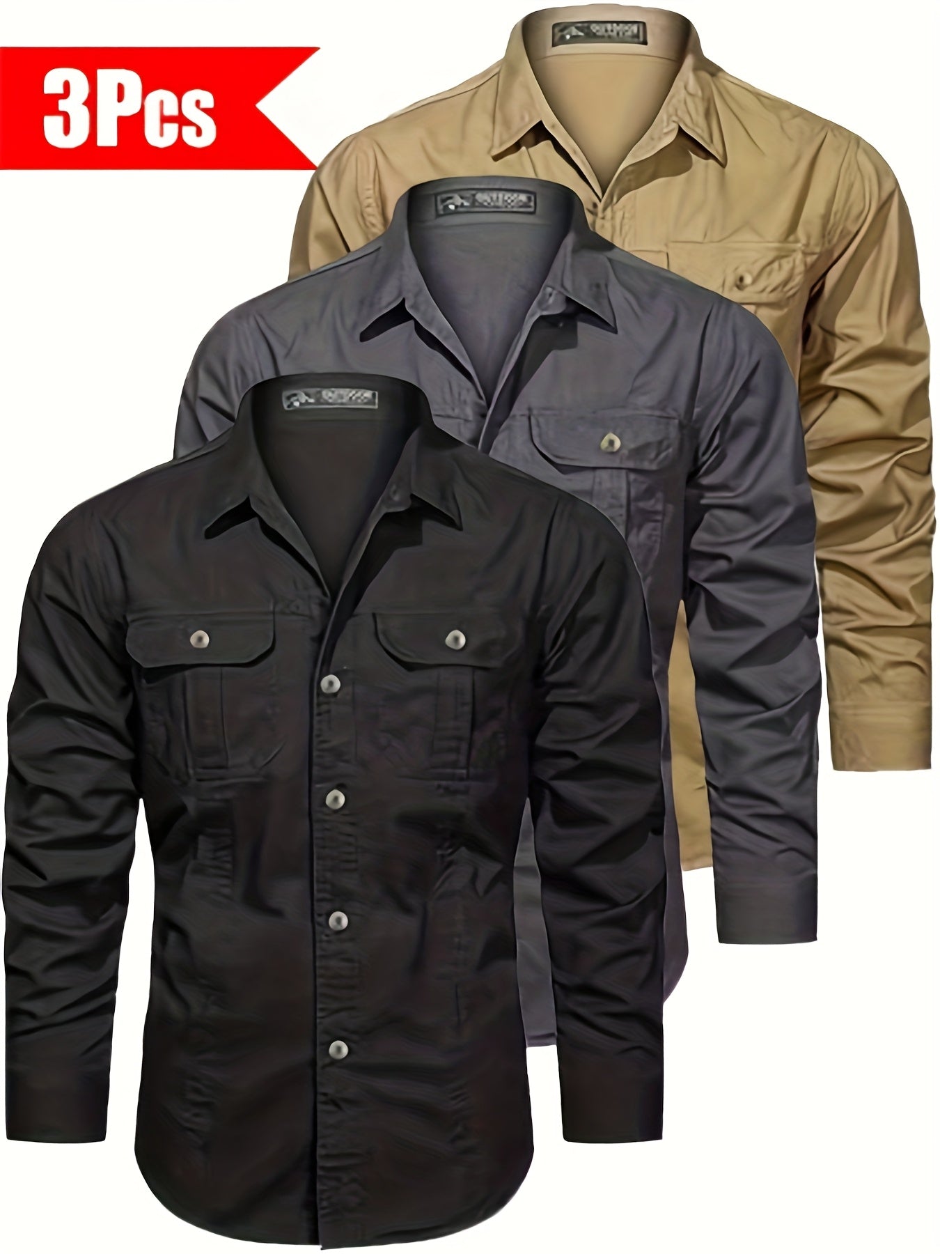 3pcs Set • Long-Sleeve Casual Outdoor Shirts • Multiple Pockets • for Spring And Autumn