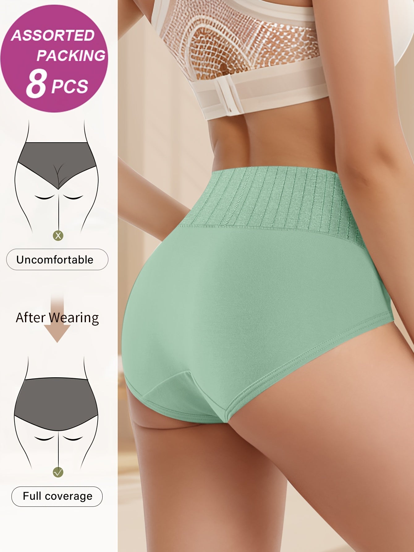 8pcs Random Combination High Waisted Tummy Tightening Women'S Panties Breathable Mesh Cross Tummy Tightening Traceless Triangle Pant
