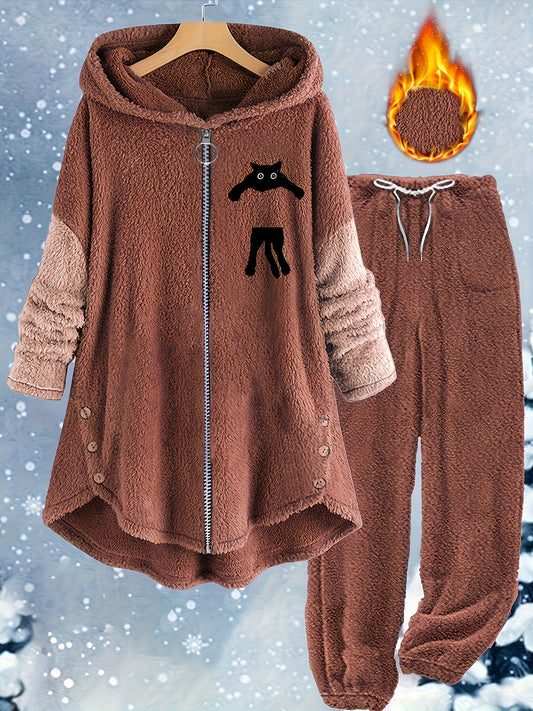 Women's Casual Cartoon Print Hooded Jacket and Pants Set - Polyester Blend, Long Sleeve, Zip-Up, Fall/Winter Fashion, Casual Attire|Cartoon Print Jacket|Zippered Jacket