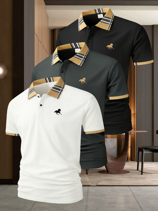 (AA046 Right Horse Racing Print Three-Piece Set) Milanese British Style Men'S Casual Short-Sleeved Shirt Popular Plaid Collar Golf Clothing Men'S Outdoor Sports Polo Shirt Lapel Polo Shirt Men'S Polo T-Shirt