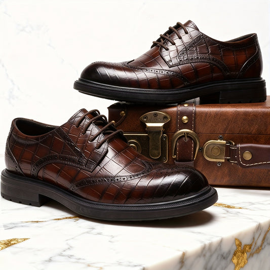 Men'S Genuine Leather Classic Brogue Oxford Shoes - First Layer Cowhide Upper & Pigskin Lining, Non-Slip Rubber Sole, Round Toe Short Design with Decorative Brogue Pattern, All-Season Versatile Dress Shoes for Business, Casua