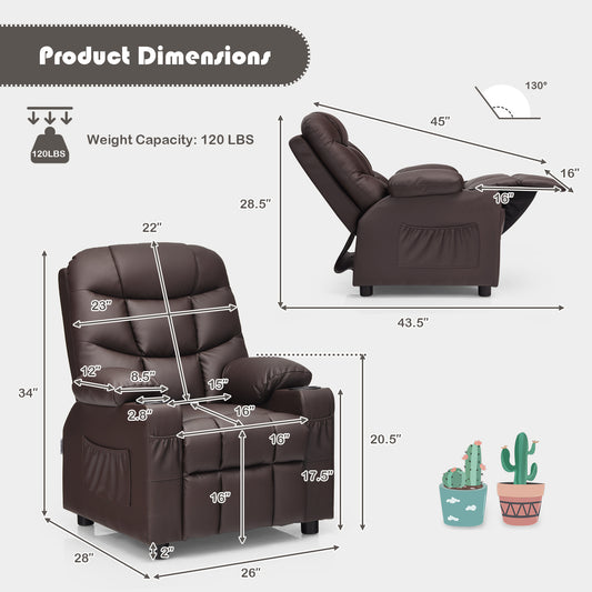 COSTWAY Kids Youth Recliner Chair, Upholstered Lounge Recliner, PU Leather Armchair with Footrest, Children Sofa Recliner with Cup Holders & Side Pockets for 3+ Age Group.