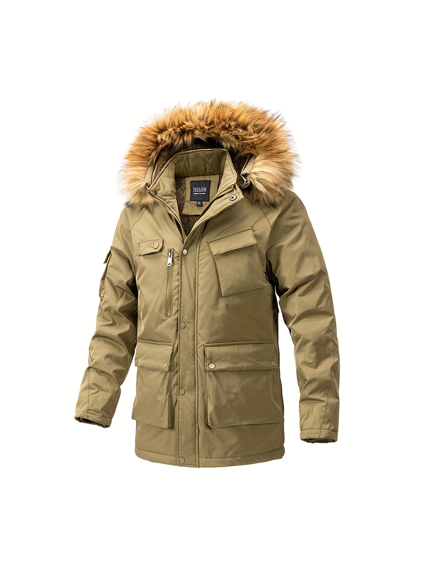 Men's Windproof Fleece-Lined Winter Parka Jacket with Hood - Full-Zip Thickened Coat, Loose-Fit Ski Hiking Coat, Zippered Pockets & Hooded Collar, Mid-Length Warm Outerwear for Snow & Cold Weather (Casual)