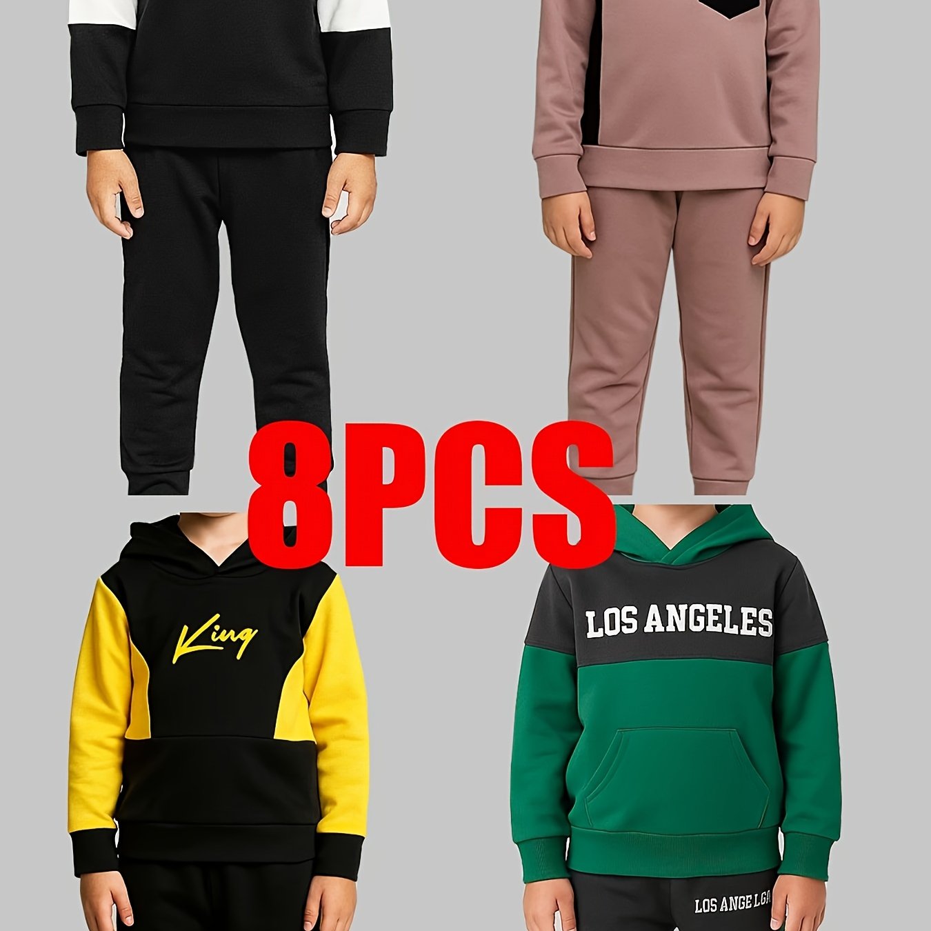 8pcs - Targeted Development Of Autumn And Winter New Boys' Fashion Long Sleeved Pants Set Pattern Baseball Jacket Outer Coat Splicing Cool Print Sports And Leisure Outdoor Set Four Piece Top Four Long Pants, for Outdoor