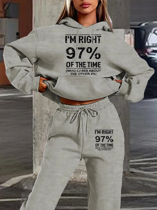 Women'S Oversized Hooded Sweatshirt & Jogger Pants Set - of the Time Funny Slogan Print, Light Grey Geometric Pattern Sweatsuit with Cuffed Ankles & Pockets, Cozy Fall/Winter Casual Outfit, / Blend, Plus Size Workout & Casual