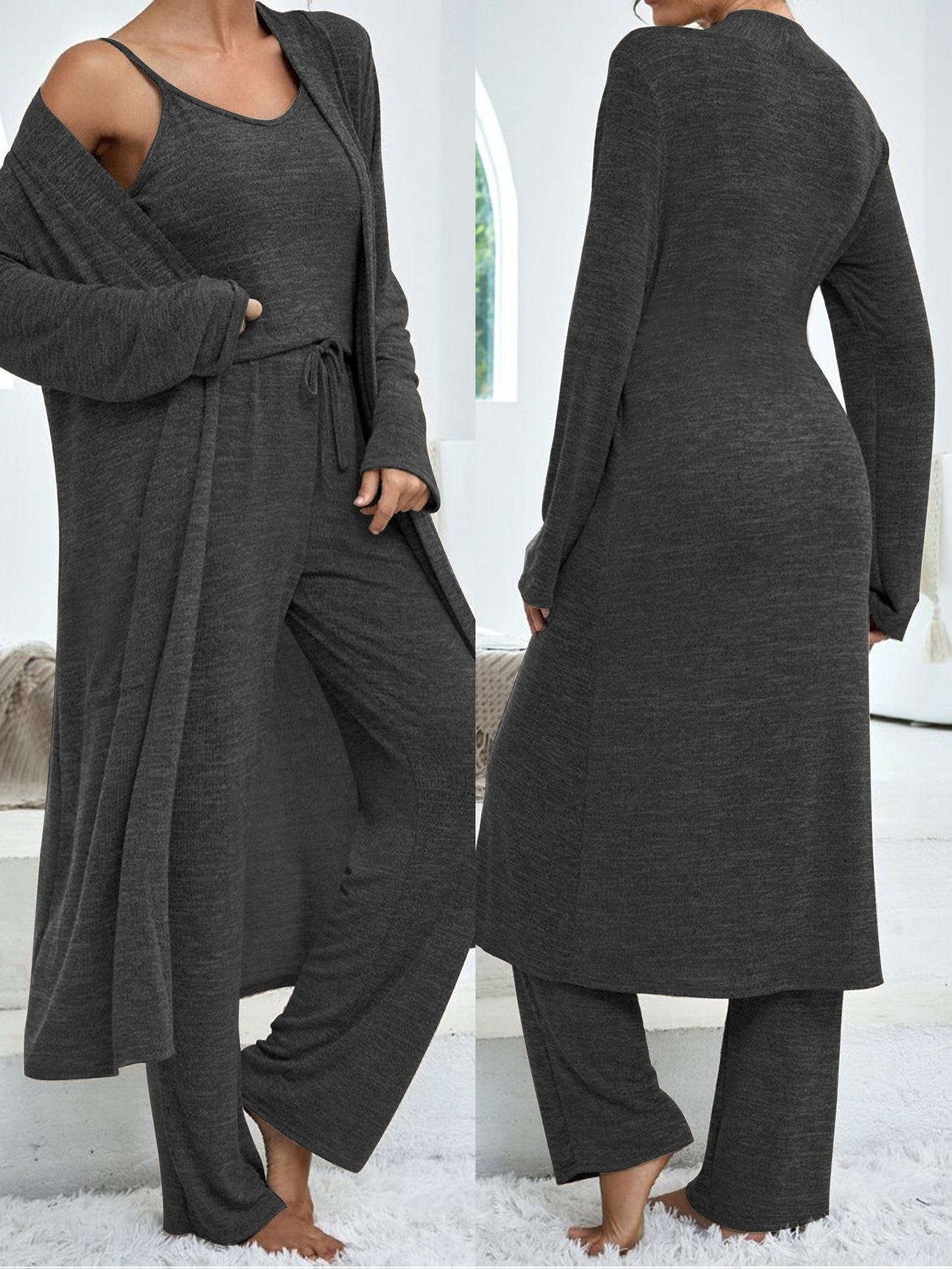 Women's Casual Home Suit • Solid Color Mid-Length Cardigan • Solid Color Camisole • Imitation Lace-Up Trousers • Three-Piece Suit for Women