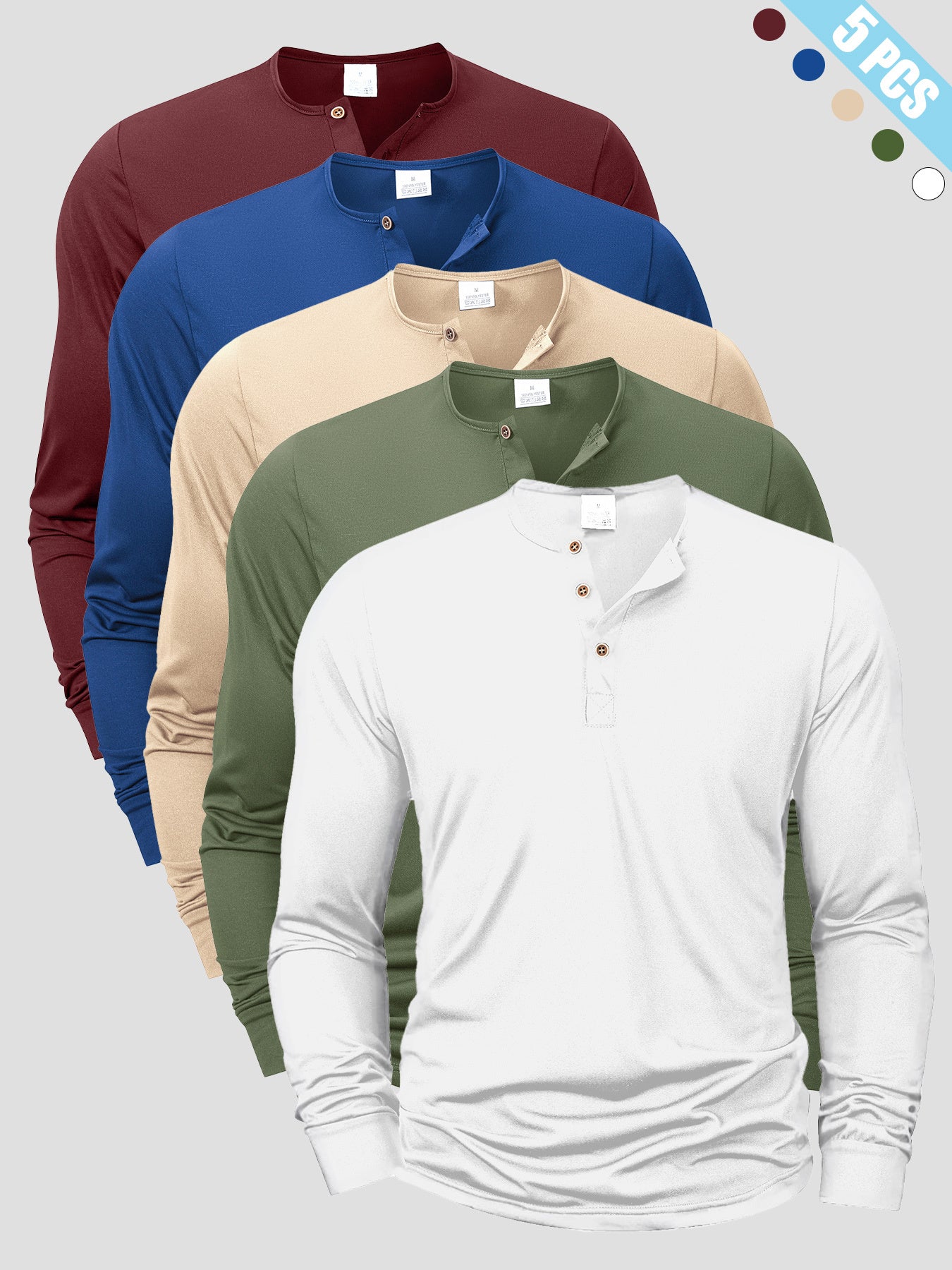 [Men's T-Shirts Set] A Set of Five Versatile Men's T-Shirts Featuring a Henley Style, with a V-Neck Design And Buttoned Half-Open Chest. These Long-Sleeve Shirts Are Easy Yet Stylish, Perfect for Everyday Casual Wear, Sports,