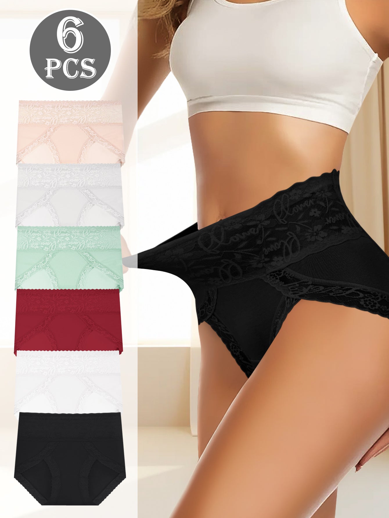 6pcs QUASTI Women'S Seamless High Waist Tummy Control Underwear - Mid-Rise Breathable Body Shaper with Butt Lifting & Stretching, Solid Color (White, Beige, Black, Red, Green, Blue) for Yoga, Office, Bridal, Date Nights, Tumm
