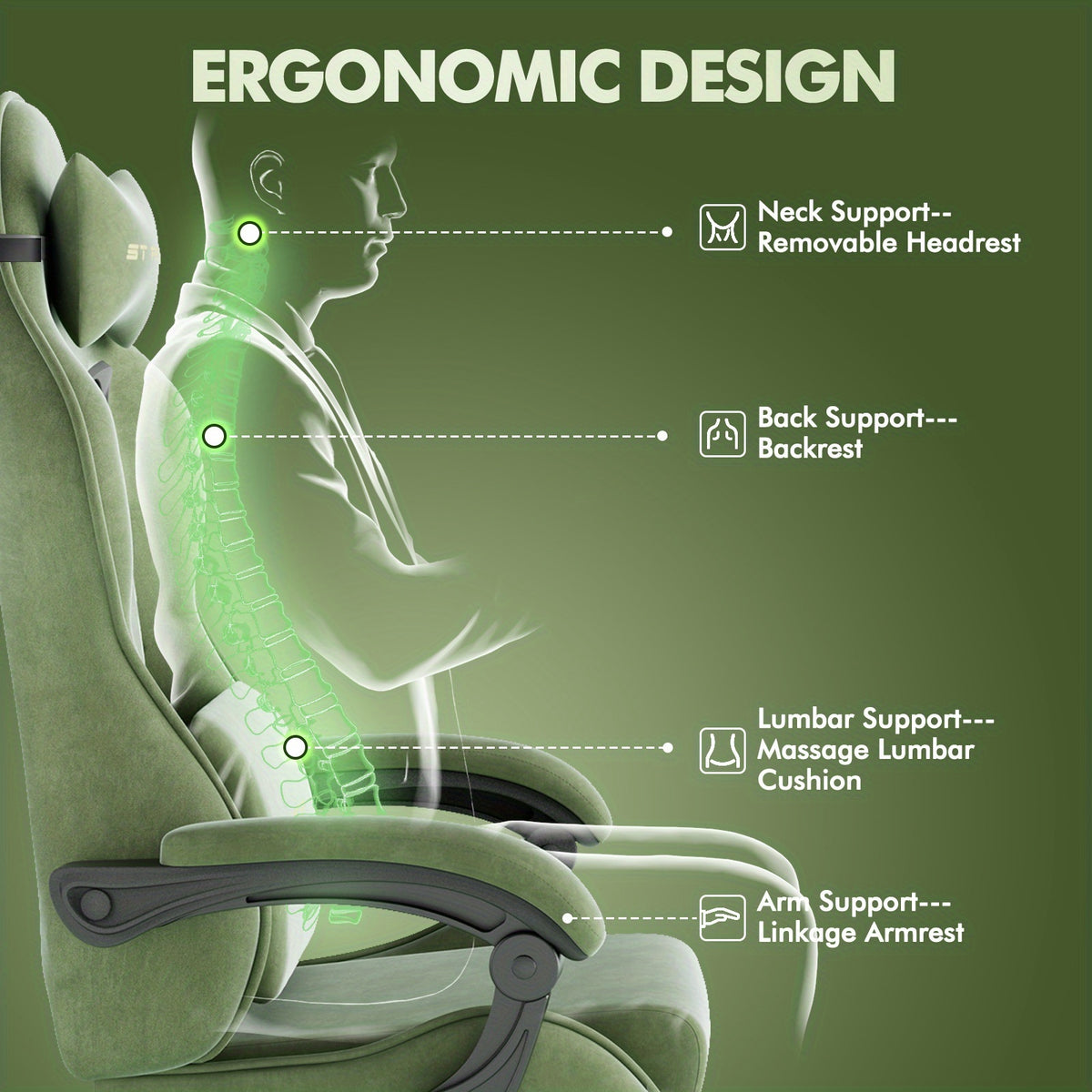 Ergonomic Velvet Fabric Gaming Chair | High Back with Massage & Footrest, Reclining, Racing Style with Headrest, Metal Frame, Wing Back, Rotating, Manual Recliner, Soontrans Brand