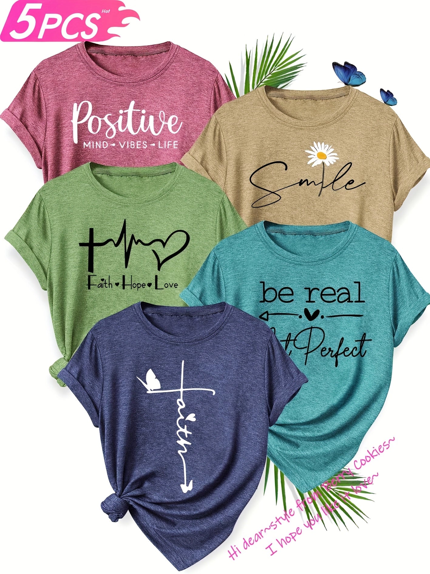 5pcs Women's T-Shirt Set, "Be Real" & "Smile" Inspirational Quotes, Heart & Flower Designs, Soft Polyester, Round Neck, Short Sleeve, Spring/Summer/Fall Casual Wear, Sizes S-XXL, Spring Summer Apparel, Playful Graphic Tees, M