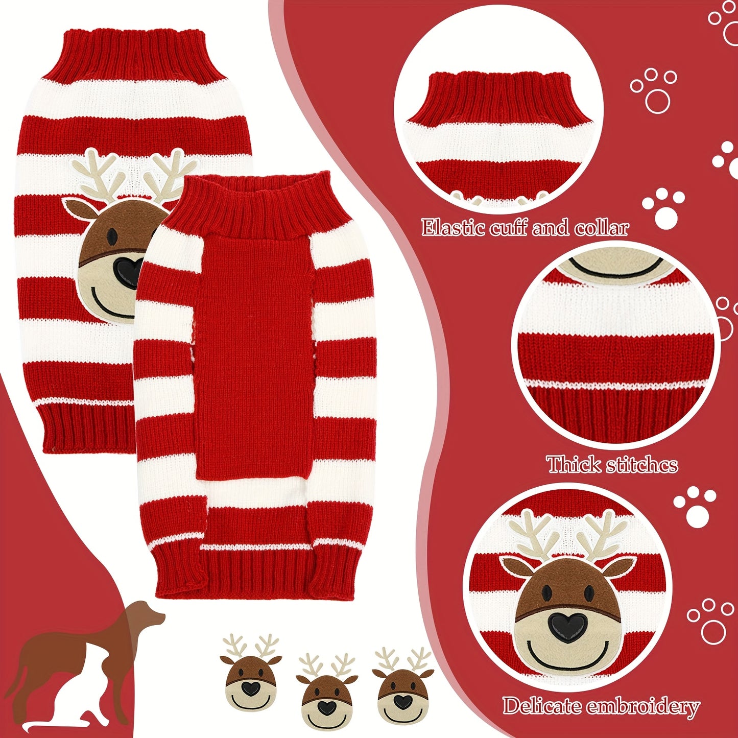 4pcs Dog Sweater Christmas Halloween Dog Holiday Sweater Puppy Snow Deer Reindeer Snowman Skull Bat Pumpkin Turkey Heart Warm Play Costume (Medium, Cute Pattern)