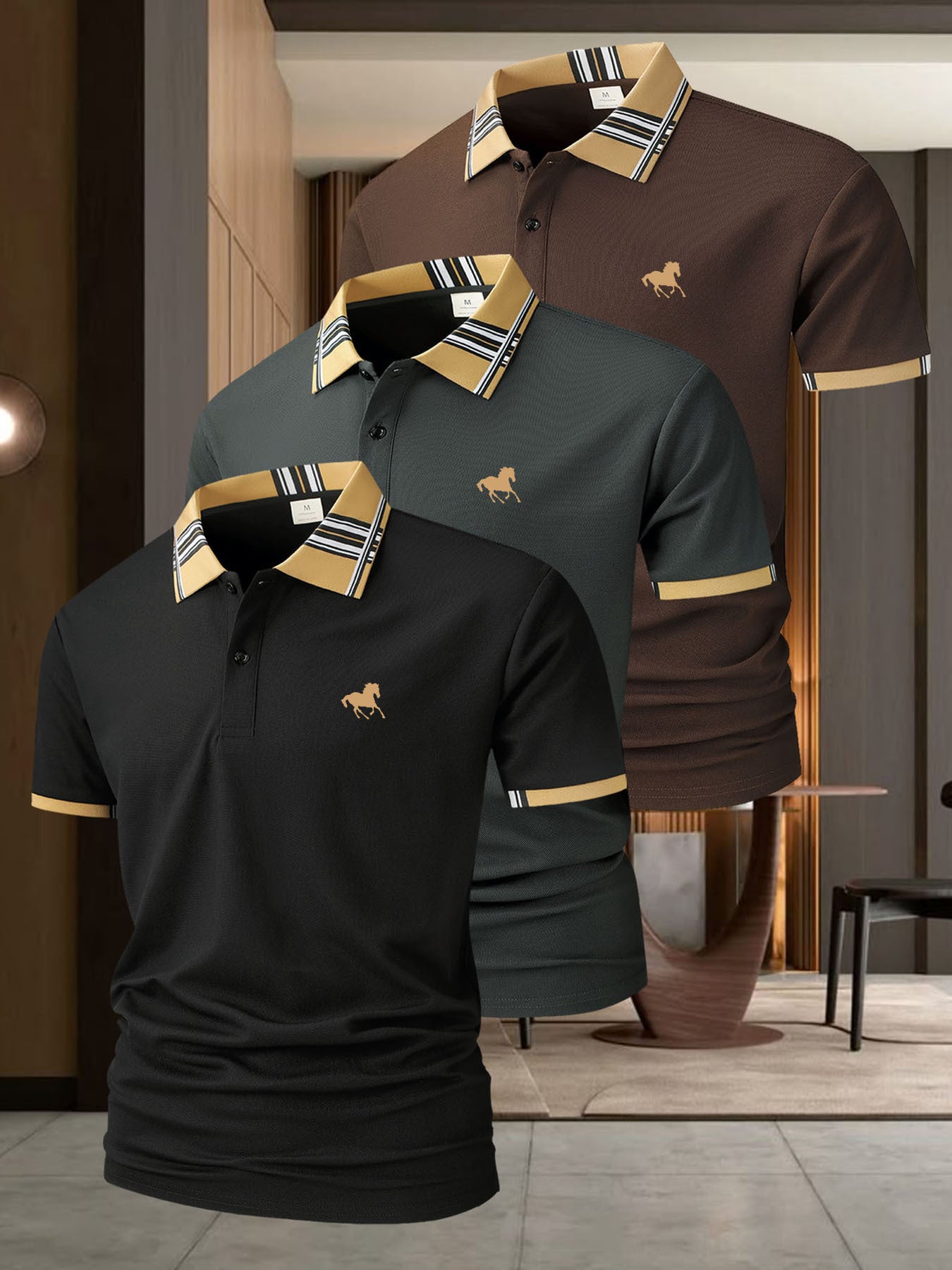 (AA046 Right Horse Racing Print Three-Piece Set) Milanese British Style Men'S Casual Short-Sleeved Shirt Popular Plaid Collar Golf Clothing Men'S Outdoor Sports Polo Shirt Lapel Polo Shirt Men'S Polo T-Shirt