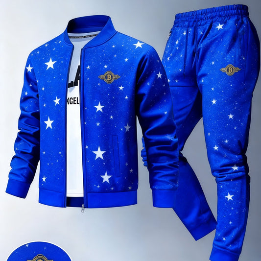 Two-piece Men's slim-fit jacket and tracksuit pants set, with Bitcoin symbol print, zippered polyester fabric, autumn and winter casual outerwear