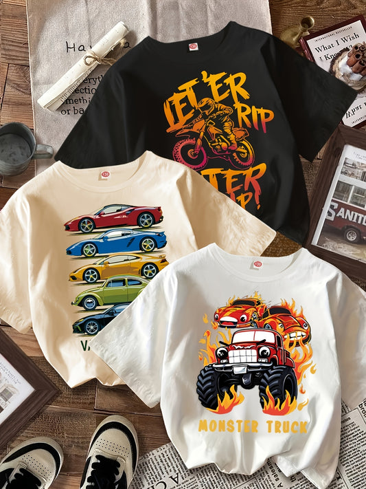 Three-piece boys' fashionable retro short-sleeved T-shirt, a comfortable polyester casual summer top with cute racing and truck letter pattern prints, suitable for daily wear and outdoor use