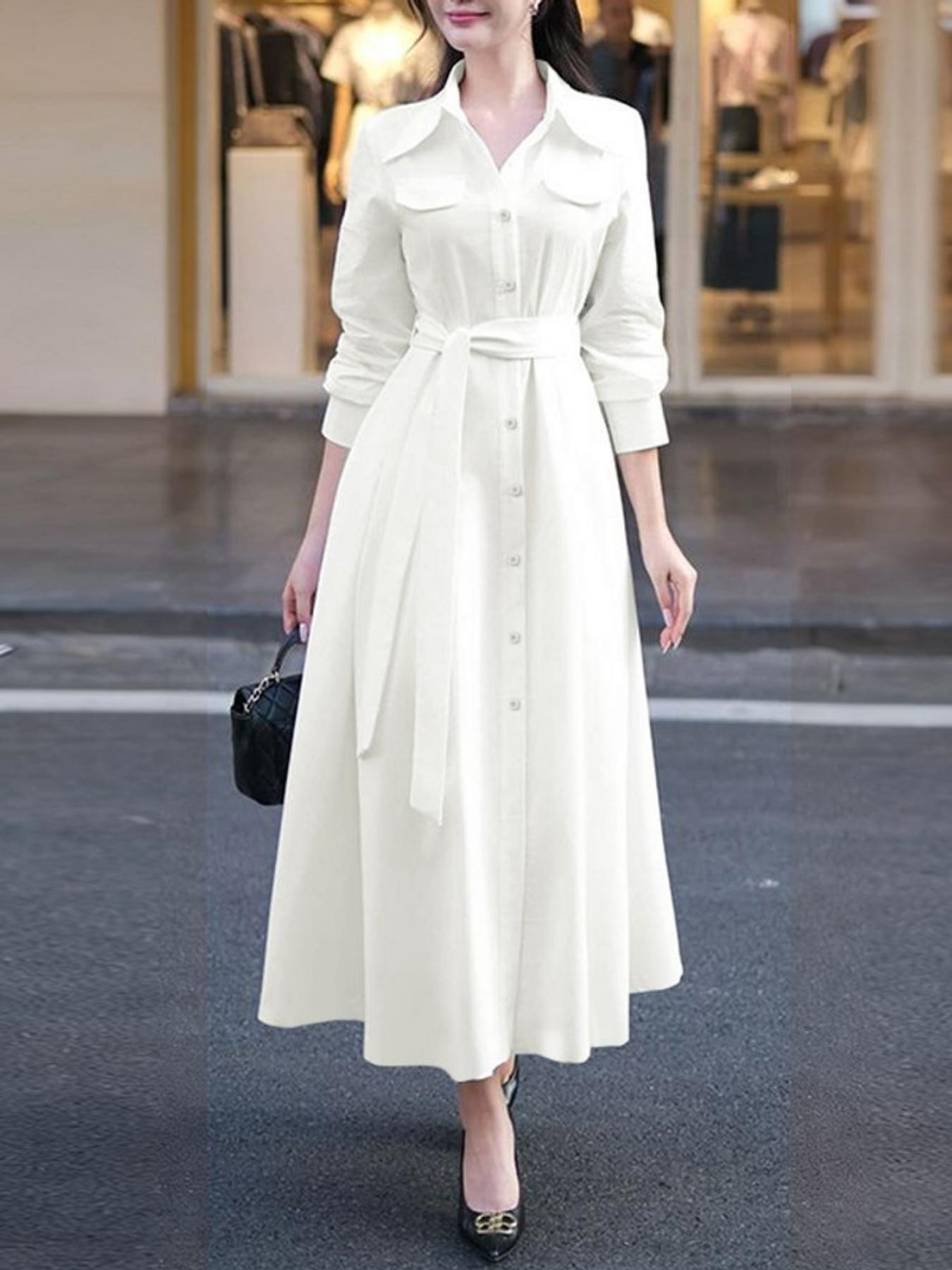 A Sophisticated Long-Sleeve Shirt Dress for Women Featuring a Lapel Collar, Single-Breasted Design, And a Tied Waist, Perfect for Casual Outdoor Commutes in an All-Matching Maxi Style