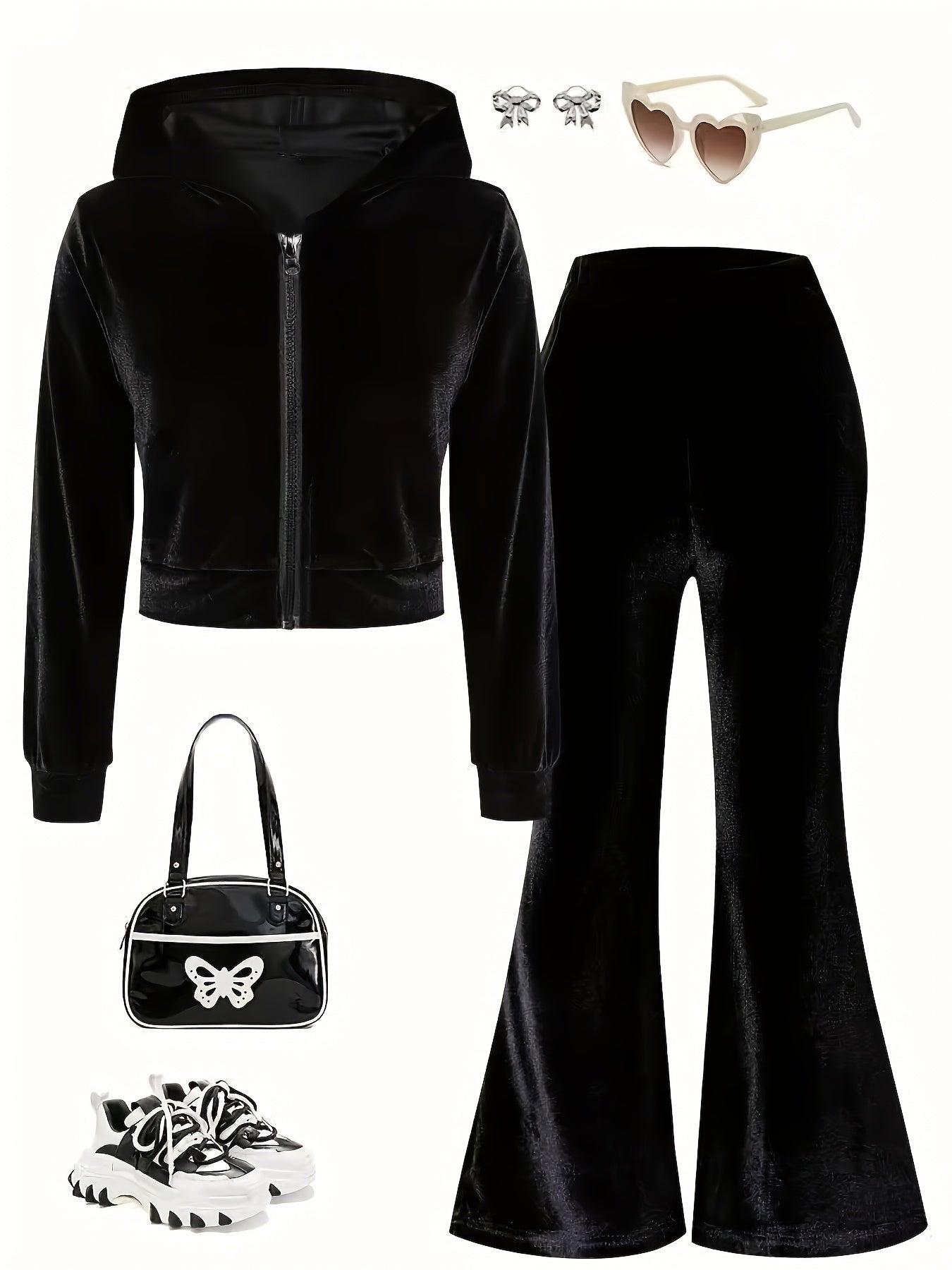 Fashionable Elegant Girls' Autumn and Winter Letter Print Black Hooded Long Sleeve Zip-Up Cardigan Top with Letter Print Black Casual Sports Flared Pants Two-Piece Set, for Outdoor, For Teenager