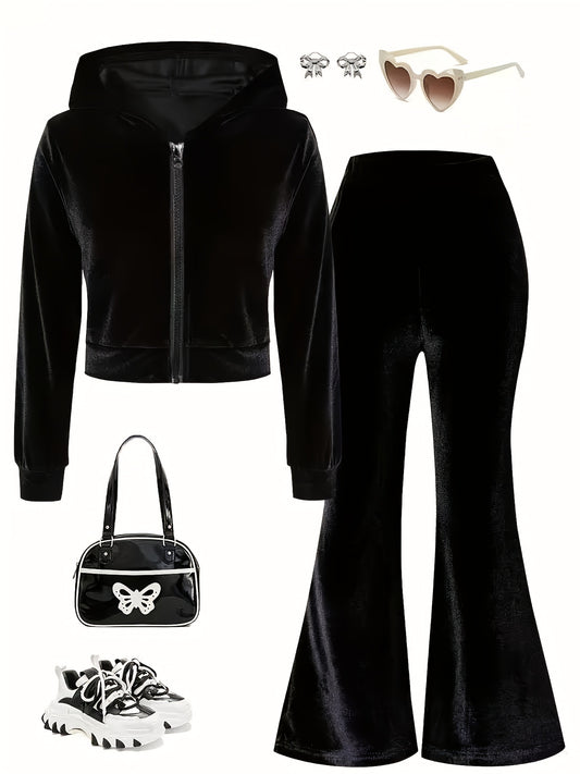 Fashionable Elegant Girls' Autumn and Winter Letter Print Black Hooded Long Sleeve Zip-Up Cardigan Top with Letter Print Black Casual Sports Flared Pants Two-Piece Set, for Outdoor, For Teenager